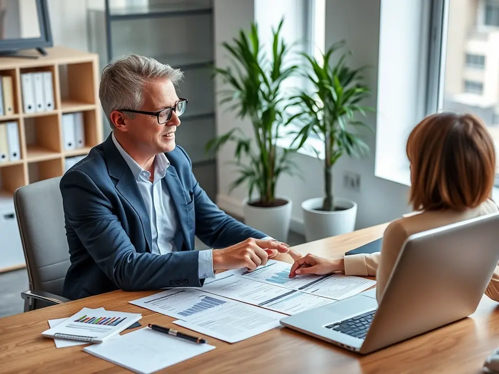 A professional business coach in a modern office setting, conducting a one-on-one coaching session with a client, focusing on strategic planning and goal setting.